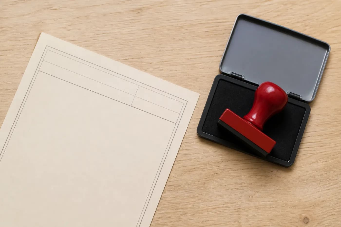 A red rubber stamp on an ink pad beside a blank cream form. Editorial photograph for this article; the stamp face is turned away.