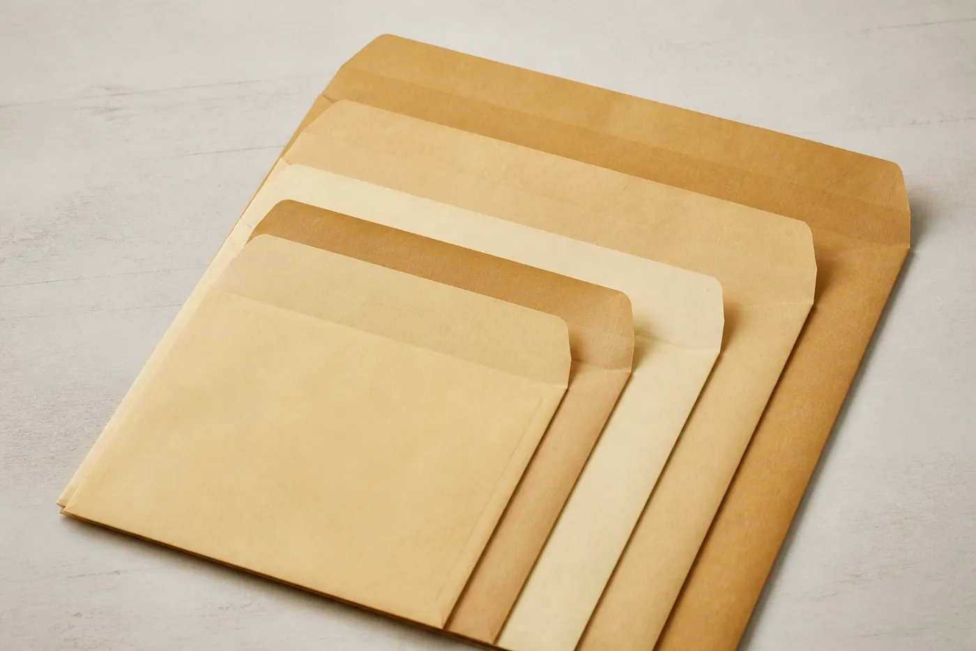 Four nested manila envelopes fanned open on a light table. Editorial photograph for this article.