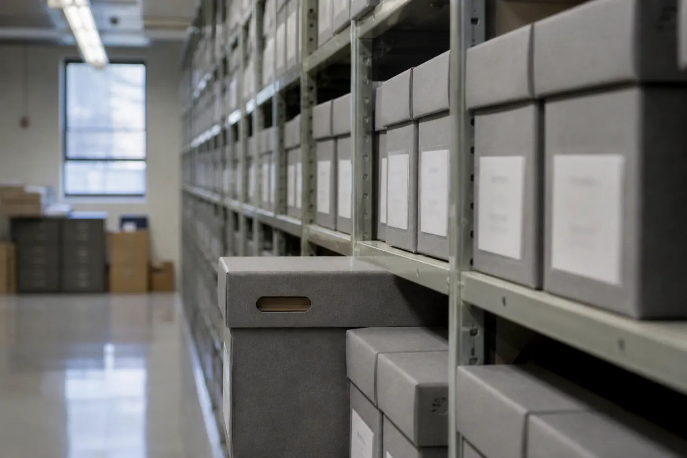 A receding row of identical archival storage boxes on metal shelves, one box pulled slightly forward. Editorial photograph for this article.